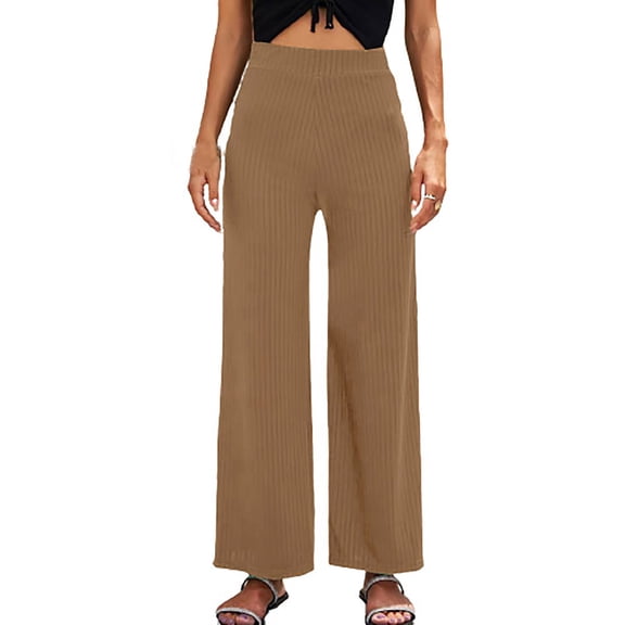 LMOIPLI Women's Lightweight Long Pants Vintage Palazzo Beach Pants Dressy Flowy Pant Fashion Summer Clothes Elastic Waist Slack Solid Color Wide Leg Pants Palazzo Beach Pants Khaki S