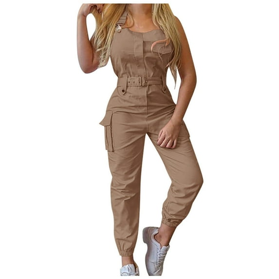 LMOIPLI Women's Overalls Long Bib Pants Lightweight Long Pants Baggy Adjustable Strap Romper Fashion Summer Clothes Solid Color Vintage Adjustable Strap Romper Wide Leg Outfits Khaki XXL