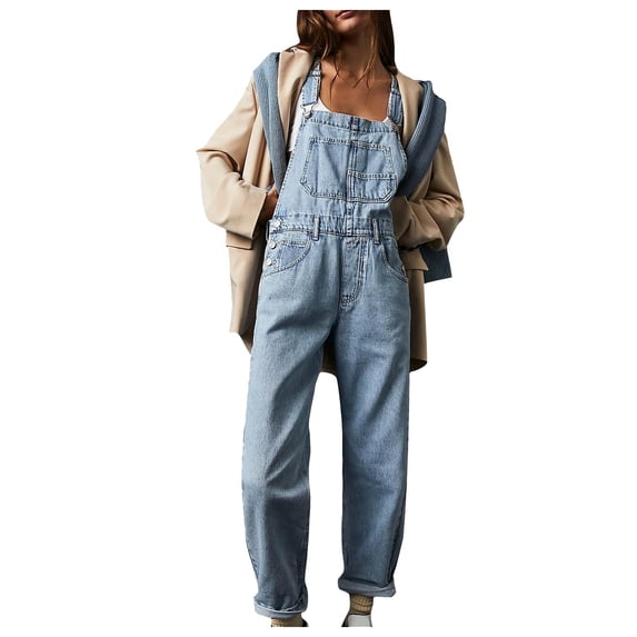 LMOIPLI Women's Overalls Long Bib Pants Lightweight Long Pants Vintage Adjustable Strap Romper Plain Color Wide Leg Outfits Fashion Summer Clothes Adjustable Strap Romper Baggy Light Blue L