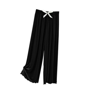LMOIPLI Women's Palazzo Lounge Pants Wide Leg Drawstring Elastic Waist Solid Flowy Pajama Pants Summer Casual Workout Pants for Women Black,L