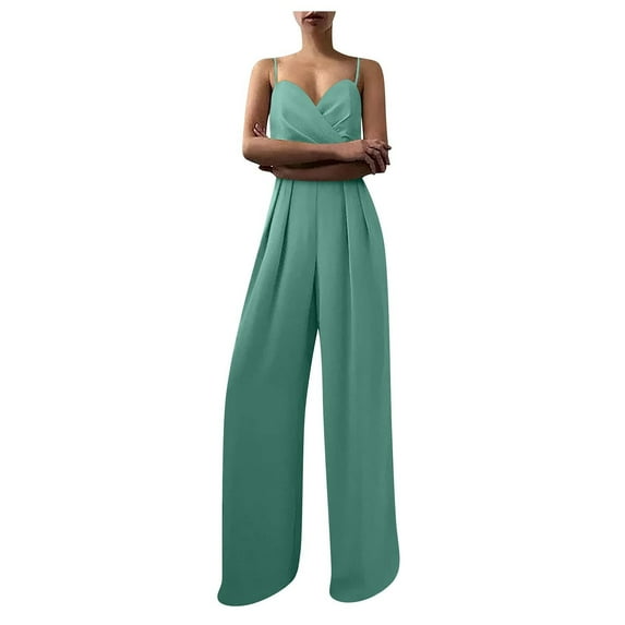 LMOIPLI Women's Plain Color Lightweight Long Pants Baggy Vintage Adjustable Strap Romper Fashion Summer Clothes Overalls Long Bib Pants Wide Leg Outfits Adjustable Strap Romper Mint Green L
