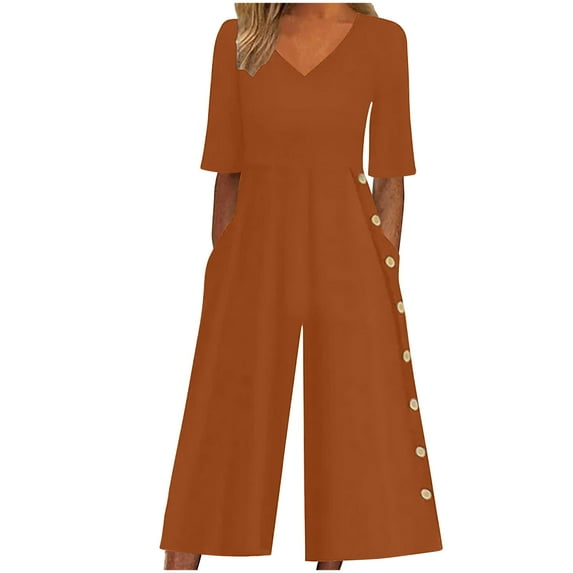 LMOIPLI Women's Short Sleeve 2024 Trendy Rompers with Pockets Button Onesie Wide Leg Pants Jumpsuits V Neck for Women Coffee,M