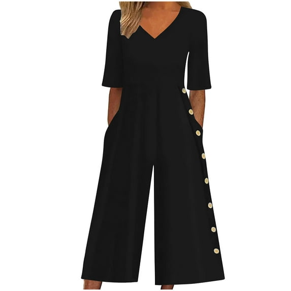 LMOIPLI Women's Short Sleeve 2024 Trendy Rompers with Pockets V Neck Button Onesie Wide Leg Pants Jumpsuits for Women Black,XXL