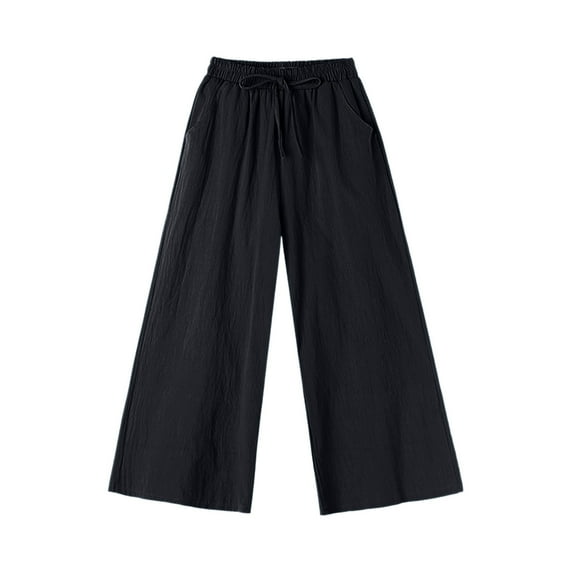 LMOIPLI Women's Solid Color Full Lenght Trousers Elastic High Waist Straight Wide Leg Vintage Wide Leg Lounge Trousers Flowy Swing Palazzo Fashion Summer Clothes Wide Leg Lounge Trousers Black M