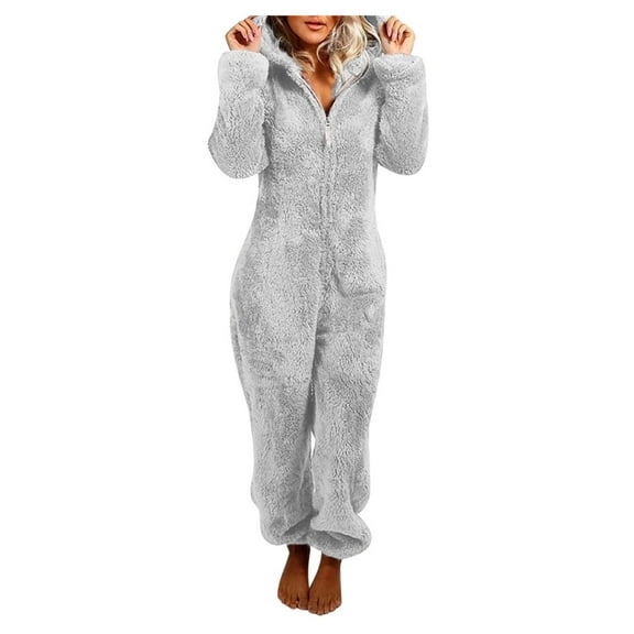 LMOIPLI Women's Solid Color Sherpa Fuzzy Lightweight Long Pants Soft Zipper Overalls Plush Warm Romper Fashion Summer Clothes Fleece Plush Vintage Plush Warm Romper Hooded Pajamas Gray L