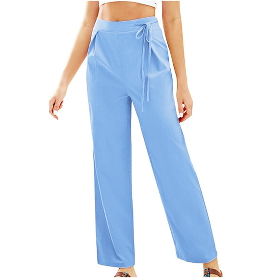LMOIPLI Women's Sports Jogger Lightweight Long Pants Slim Plain Color Palazzo Pants for Women Elastic High Waist Vintage Palazzo Pants for Women Fashion Summer Clothes Blue S