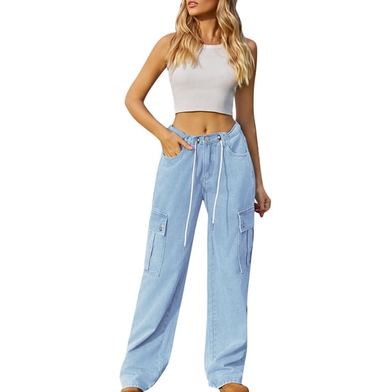 LMOIPLI Women's Stretchy Jeans High Waisted Casual Denim Pants Loose Tummy Control Trendy Jeans Straight Leg Lightweight for Women Light Blue,L