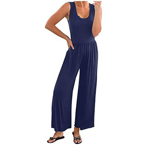 LMOIPLI Women's Vintage Adjustable Strap Romper Baggy Plain Color Fashion Summer Clothes Lightweight Long Pants Wide Leg Outfits Overalls Long Bib Pants Adjustable Strap Romper Dark Blue S