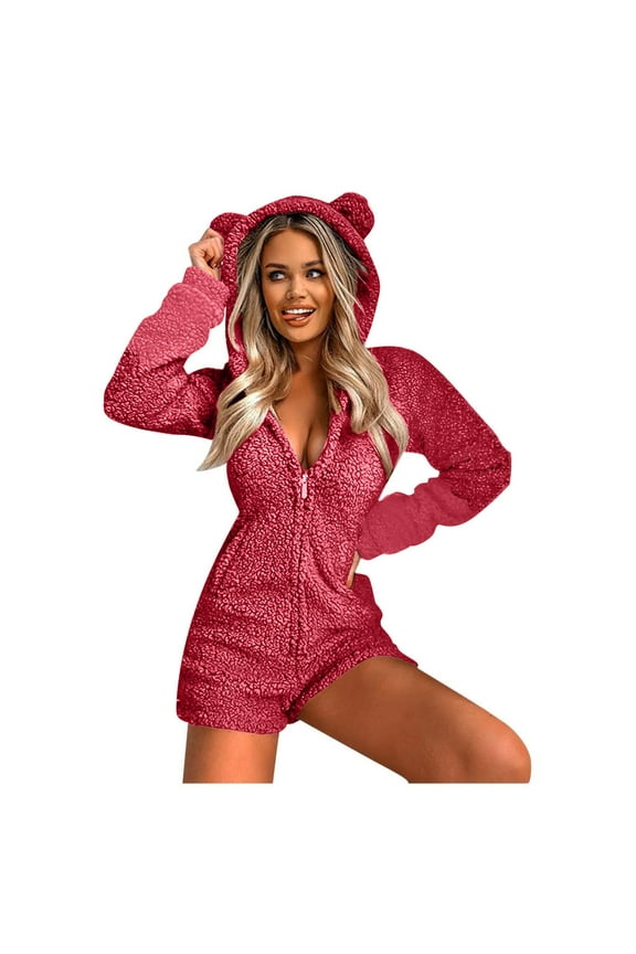 Women's Vintage Plush Warm Romper Hooded Pajamas Soft Zipper Overalls Plush Warm Romper Plain Color Sherpa Fuzzy Fashion Summer Clothes Shorts Fleece Plush Red XXL