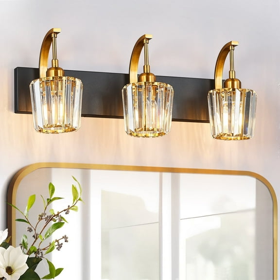 LMQNINE 3-Light Modern Bathroom Sconce,Vanity Light with Crystal Accents,Over-Mirror,BlackGlod