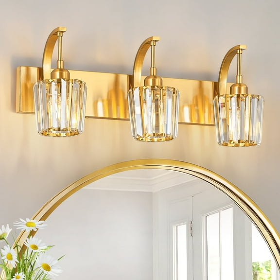 LMQNINE 3-Light Modern Bathroom Sconce,Vanity Light with Crystal Accents,Over-Mirror,Gold