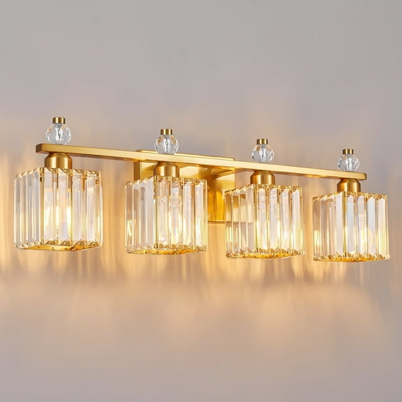 LMQNINE 4-Light Crystal Bathroom Vanity Light Over Mirror,28.34"L Modern Gold Fixture, Dimmable and Moisture-Resistant