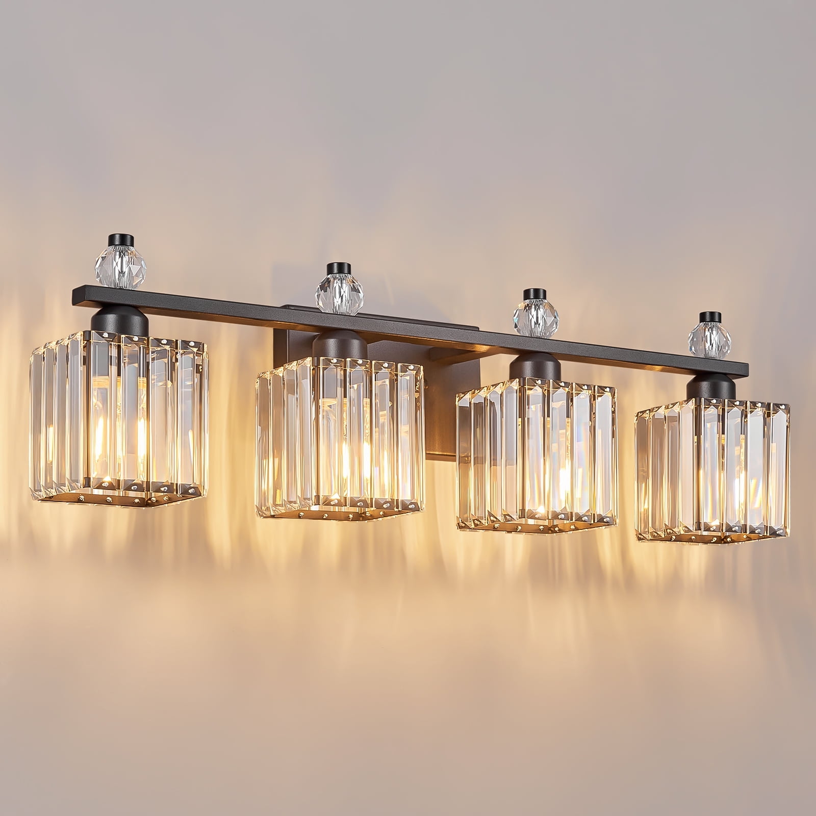 LMQNINE 4-Light Crystal Bathroom Vanity Light Over Mirror,28.34"L Modern Sand Black Fixture, Dimmable and Moisture-Resistant