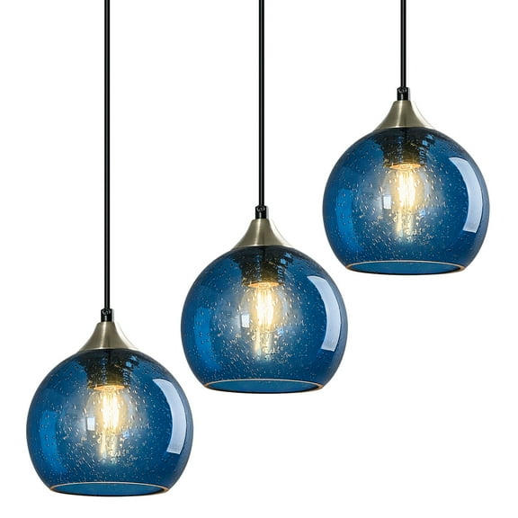 LMQNINE Blue Glass Globe Pendant Light,Adjustable Island Lighting for Kitchen,Dining,Bedroom,5.9in 3 Pack