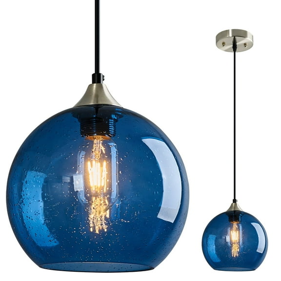 LMQNINE Blue Glass Globe Pendant Light for Kitchen Island, Modern Adjustable Ceiling Light Fixture with Clear Shade,7.87in 1-Pack