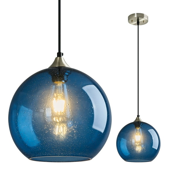 LMQNINE Blue Glass Globe Pendant Light for Kitchen Island, Modern Adjustable Ceiling Light Fixture with Clear Shade,9.84in 1-Pack