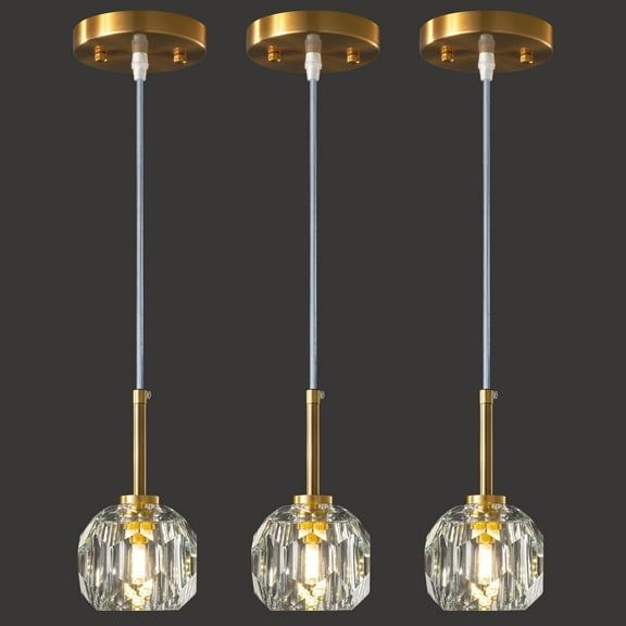 LMQNINE Crystal Pendant Light 3-Pack Modern Adjustable Gold Chandelier with K9 Prisms for Kitchen Island,Dining Room, Bedroom