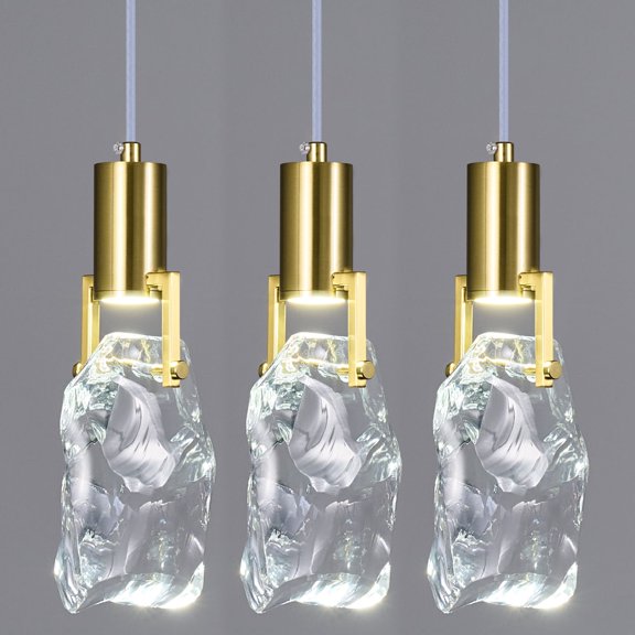 LMQNINE Gold Crystal Pendant Lights,Irregular Transparent LED Mini Pendant Lighting for Kitchen Island, Dining Room, Bedroom,3-Pack