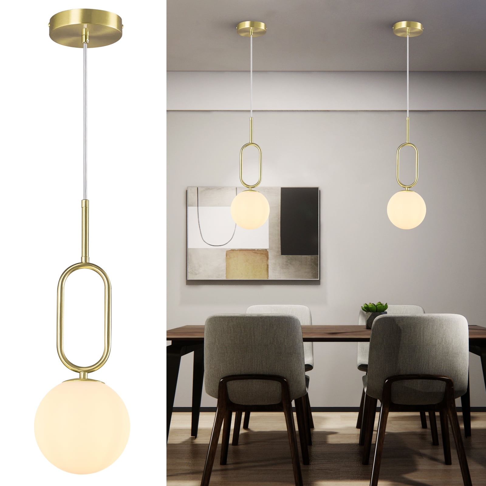 LMQNINE Gold Pendant Light with Milky White Glass Shade,Adjustable Minimalist Globe Hanging Fixture for Kitchen Island,Dining Room,2 Pack