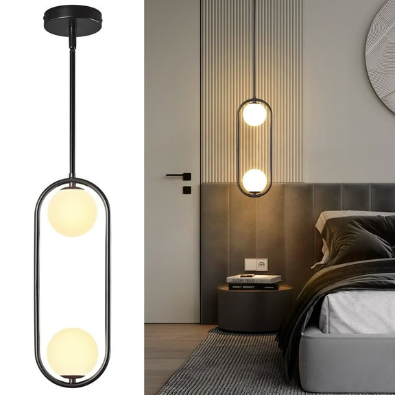 LMQNINE Modern Black Globe Pendant Light,Adjustable Mid Century Chandelier for Kitchen Island,Dining Room,White Glass Shades (2-Light,1 Pack)