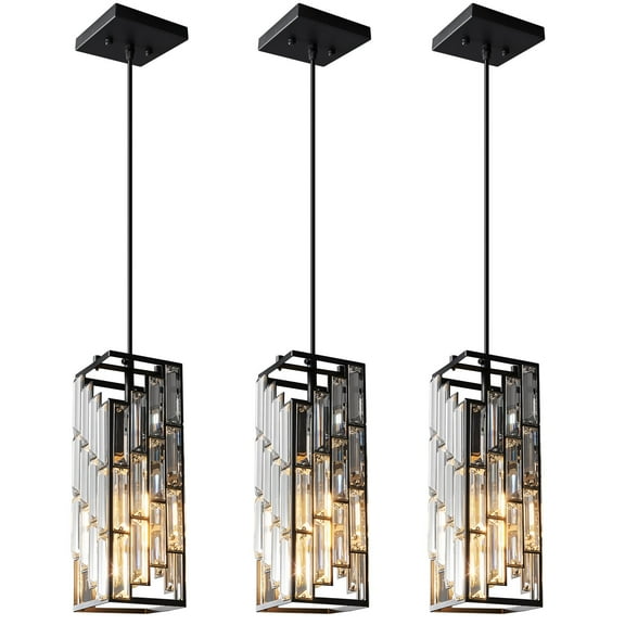 LMQNINE Modern Black Pendant Lighting Mini Crystal Chandeliers with Adjustable High for Kitchen Island Dinning Room Bedroom (3 Pack)