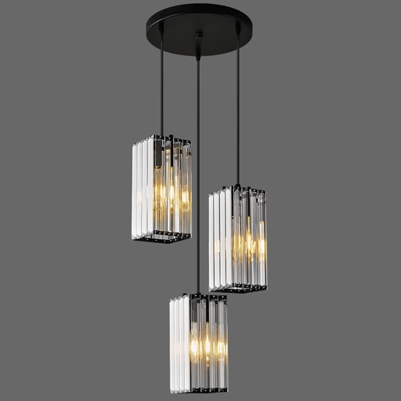 LMQNINE Modern Crystal Rectangular Chandelier,Adjustable Height Mini Pendant Light for Kitchen Island, Dining & Living Room, 3 Light Black