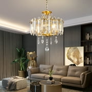 LMQNINE Modern Farmhouse Crystal Chandelier LED Pendant Light,Adjustable Height,4-Light Fixture for Kitchen Island, Dining, Bedroom, Gold Finish