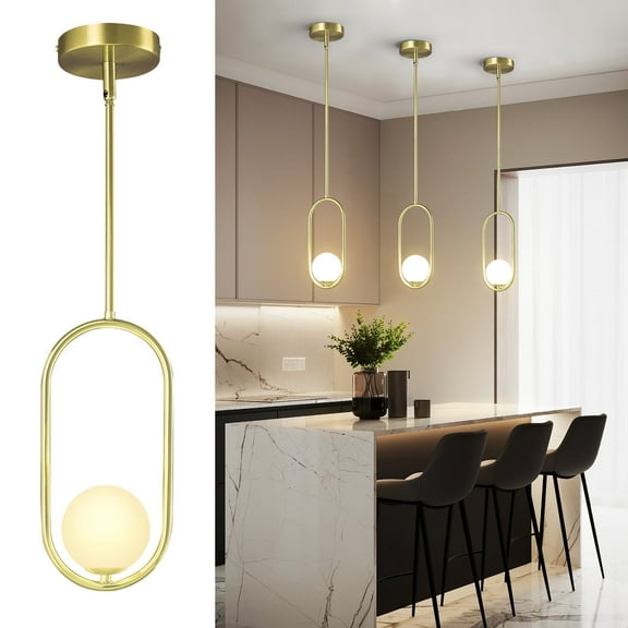 LMQNINE Modern Gold Globe Pendant Light,Adjustable Mid Century Chandelier for Kitchen Island,Dining Room,White Glass Shades (1-Light,3 Pack)