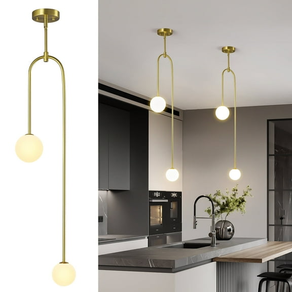 LMQNINE Pendant Light,2-Light Glass Globe Fixture for Kitchen Island, Dining Room (Sloped Ceiling Compatible),Gold Set of 2