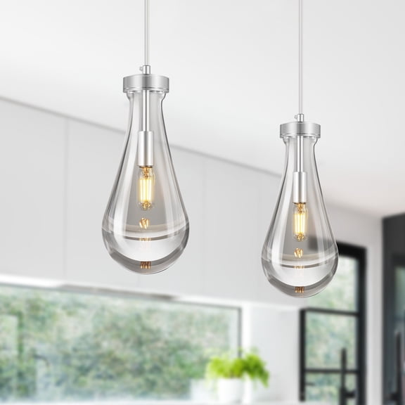 LMQNINE Raindrop Set of 2 Pendant Lights Kitchen Island,Teardrop Chrome Hanging Light Fixtures,Clear Solid Glass,Modern Chandeliers for Dining Room Porch Corridor Living Room