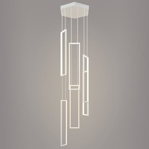 LMQNINE White 6-Ring Rectangular LED Pendant Light,Adjustable Height 40W Modern Industrial Fixture for Kitchen Island,Dining Room, Bedroom