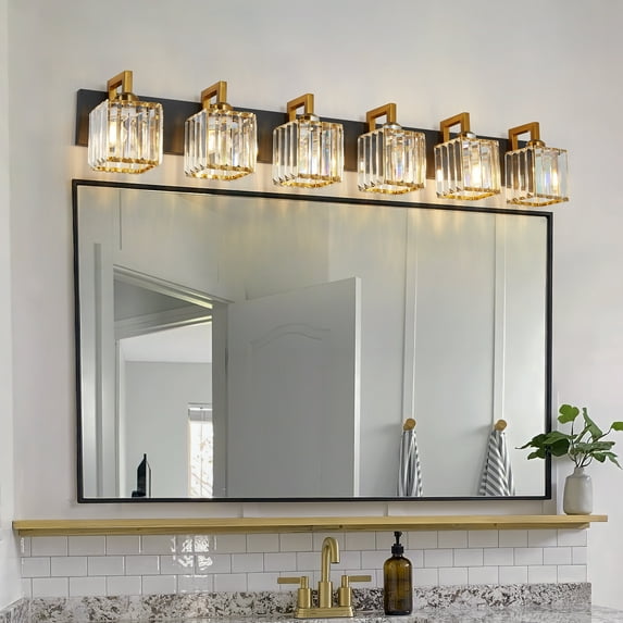 LMQNINEModern 6-Lights Crystal Bathroom Vanity Sconce,Blackgold Wall Lamp for Bathroom Vanity Lighting