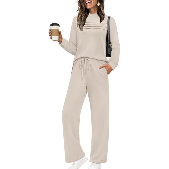 LMSOBT Two Piece Sets for Women Fall Travel Vacation Outfits 2026 Long Sleeve Lounge Sets Side Slit Wide Leg Pants