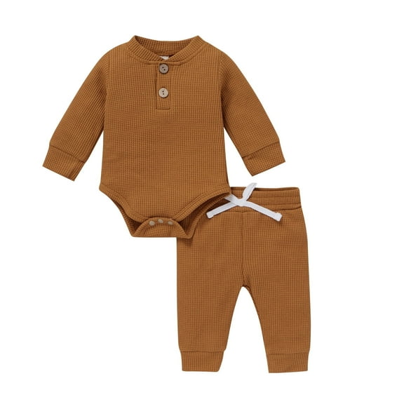 LMTODLFG Baby Boy Clothes Baby Boys Girls Long Sleeve Solid Romper Bodysuit+Pants Outfits Summer Sets Baby Boy Clothes 0-3 Months Brown 12-18 Months