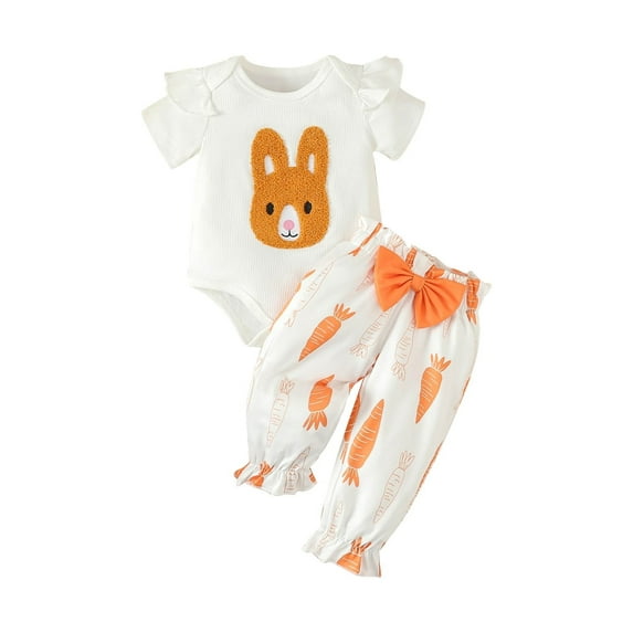 LMTODLFG Baby Boy Clothes Baby Girls Easter Bunny Romper Bodysuit+Carrot Print Pants+Headband Outfits Kids Clothes Orange 12-18 Months