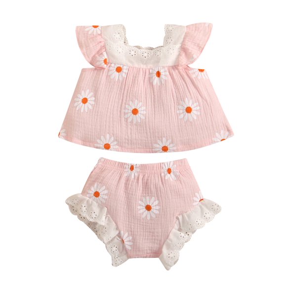 LMTODLFG Baby Boy Clothes Baby Girls Summer Sleeveless Lace Linen Cotton Daisy Floral T Shirts Tops Ruffle Shorts Outfits Clothes Set Matching Set Pink 18 Months