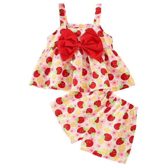 LMTODLFG Baby Boy Clothes Summer Toddler Girls Sleeveless Bowknot Strawberry Prints Tops Shorts Two Piece Outfits Set for Kids Clothes Y2K Clothes Red 6-12 Months