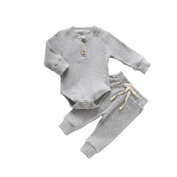 LMTODLFG Baby Boy Clothes Toddler Girl Long Sleeve Solid Color Stripe Knit Top Crawl Pant Suit for 0-4 Years Baby Clothes Boy Grey 3-6 Months