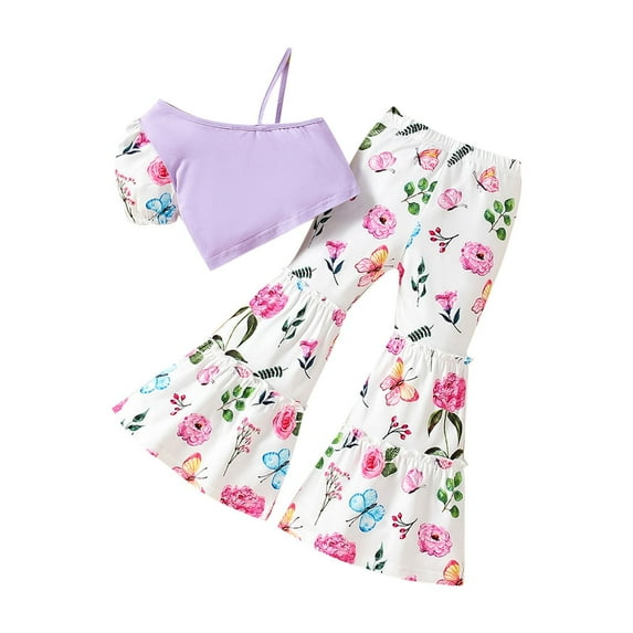 LMTODLFG Baby Boy Clothes Toddler Girls Pants Set Sleeveless Patchwork Vest with Flower Print Flare Pants Summer Outfit Baby Boy Outfits Purple 4-5 Years