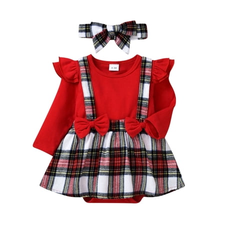 LMTODLFG Baby Girl Clothes Baby Girls Long Sleeve Plaid Bowknot Romper Bodysuit with Headbands 2PCS Outfits Set Baby Clothes for Girls Red 12-18 Months