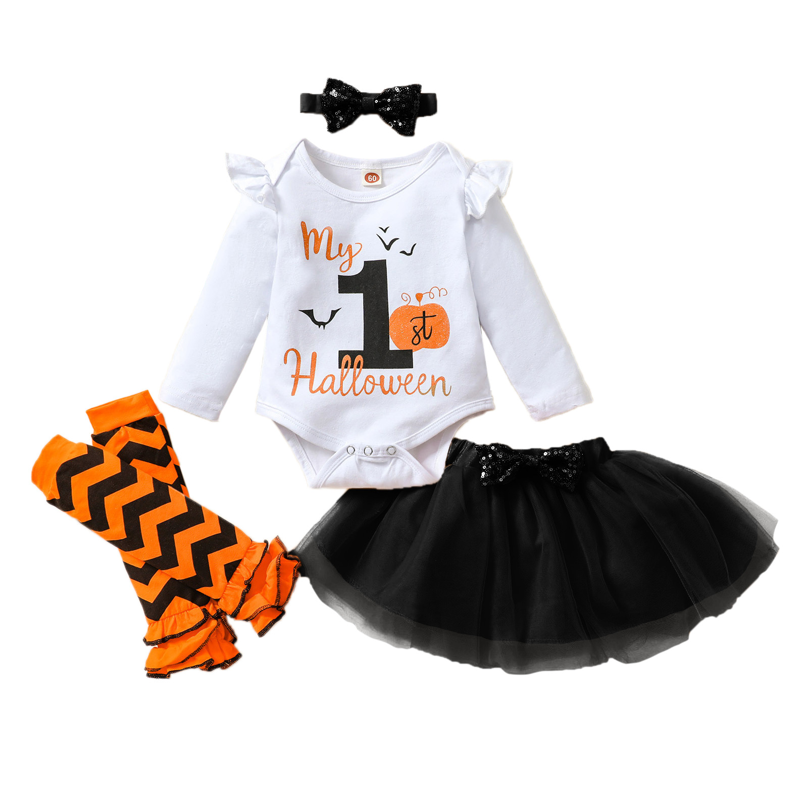 LMTODLFG Baby Girl Clothes Girls Halloween Long Sleeve Romper Bodysuits Bowknot Mesh Tulle Skirt Headbands Leg Warmer Outfits Set Baby Clothes Boy Black 12-18 Months