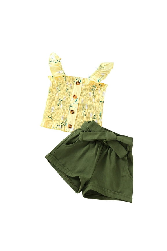 Baby Girl Clothes Toddler Kids Girls Clothes Summer Sleeveless Floral Ruffle Strap T Shirt Tops Bow Shorts Casual 2PCS Outfits Set Beach Outfits Yellow 3 Years