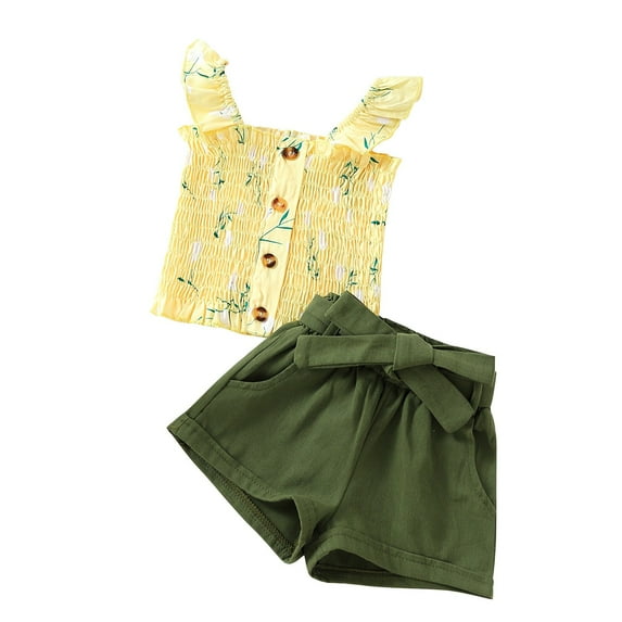 LMTODLFG Baby Girl Clothes Toddler Kids Girls Clothes Summer Sleeveless Floral Ruffle Strap T Shirt Tops Bow Shorts Casual 2PCS Outfits Set Beach Outfits Yellow 4 Years