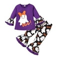 thumbnail image 1 of LMTODLFG Baby Girl Clothes Toddler Kids Girls Outfit Cartoon Halloween Letters Prints Long Sleeves Tops Bell Bottom Prints Pants 2pcs Set Outfits Y2K Clothes Purple 2-3 Years, 1 of 9