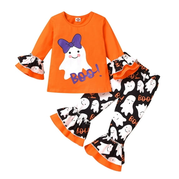 LMTODLFG Baby Girl Clothes Toddler Kids Girls Outfit Cartoon Halloween Prints Long Sleeves Tops Bell Bottom Pants 2pcs Set Outfits Toddler Tshirts Boys 2T Orange 18-24 Months