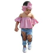 LMTODLFG Baby Girl Clothes Toddler Kids Girls Off Shoulder T Shirt Tops Hole Denim Jeans Long Pants Headwear 3PCS Outfits Set 1-7 Years Kids Clothes Pink 4-5 Years