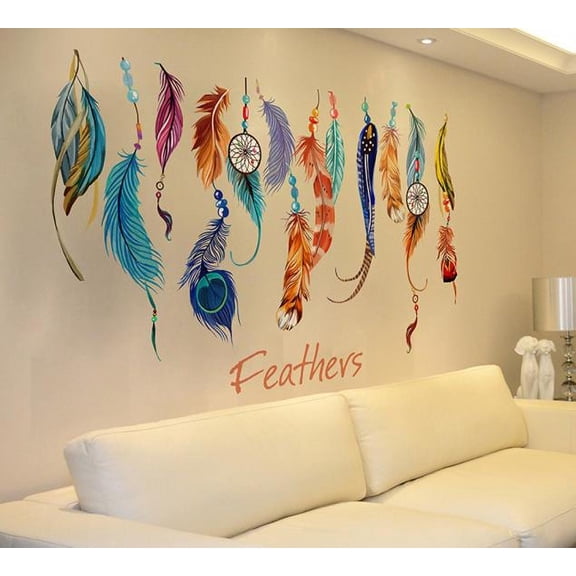LMTODLFG Colorful Feather Wall Decals Dream Catcher Wall Sticker(78X48cm) Peel Stick Removable Native American Style Art Mural Decor for Kids Bedroom Living Room Classroom Nursery