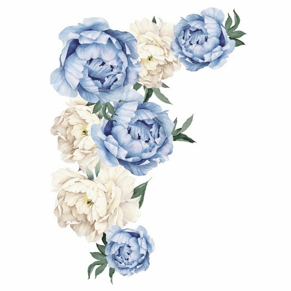 LMTODLFG Large Blue Peonies Flower Wall Stickers, Delicate Peony Rose Floral Art Wall Decals Removable Vinyl Peel and Stick for Living Room Bedroom Nursery Sofa TV Background Decorations