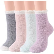 LMTODLFG No Show Womens Socks 4 Pairs Patchwork Fuzzy Socks Womens Cozy Fluffy Winter Cabin Slipper Warm Soft Thick Comfy Socks Crew Socks Pink