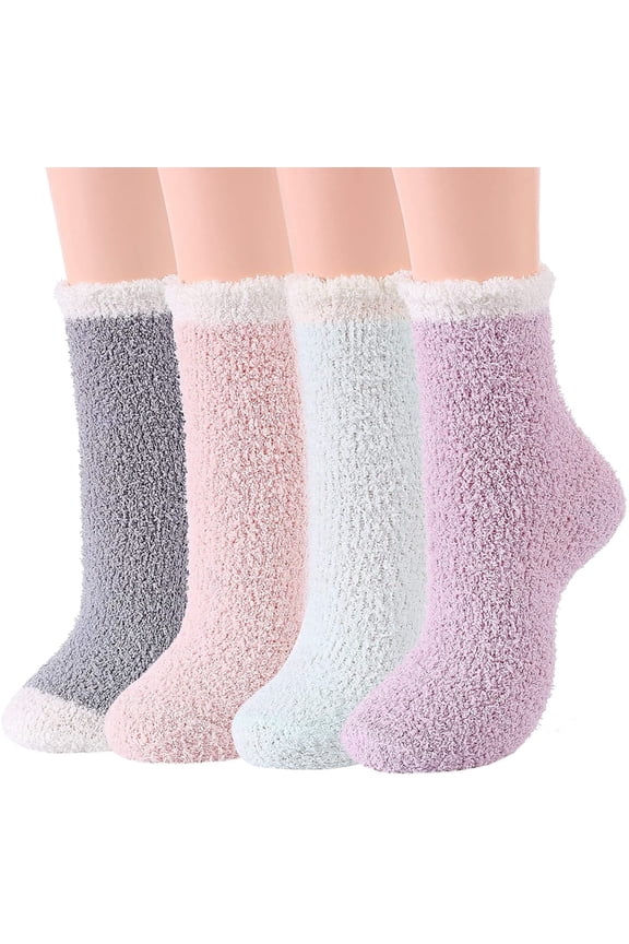 No Show Womens Socks 4 Pairs Patchwork Fuzzy Socks Womens Cozy Fluffy Winter Cabin Slipper Warm Soft Thick Comfy Socks Crew Socks Pink